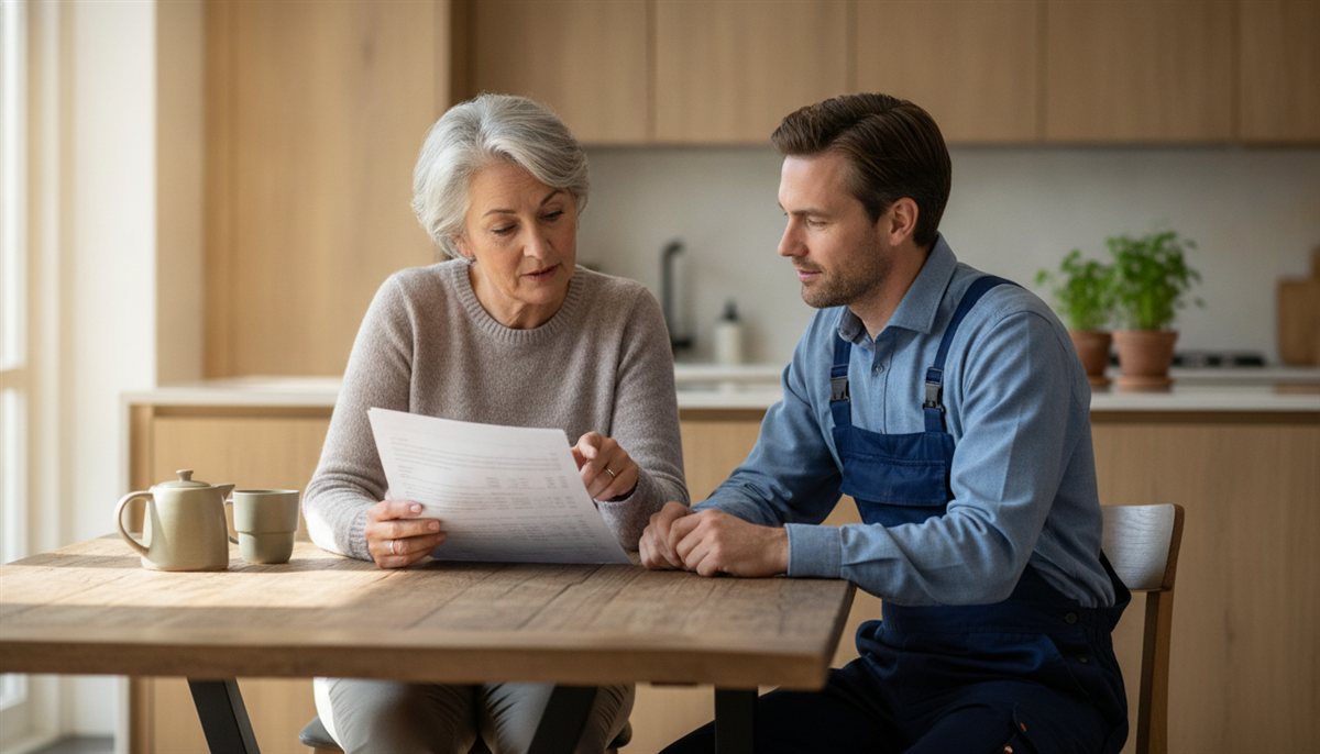 Huiseigenaar stelt vragen aan een aannemer met de offerte op tafel