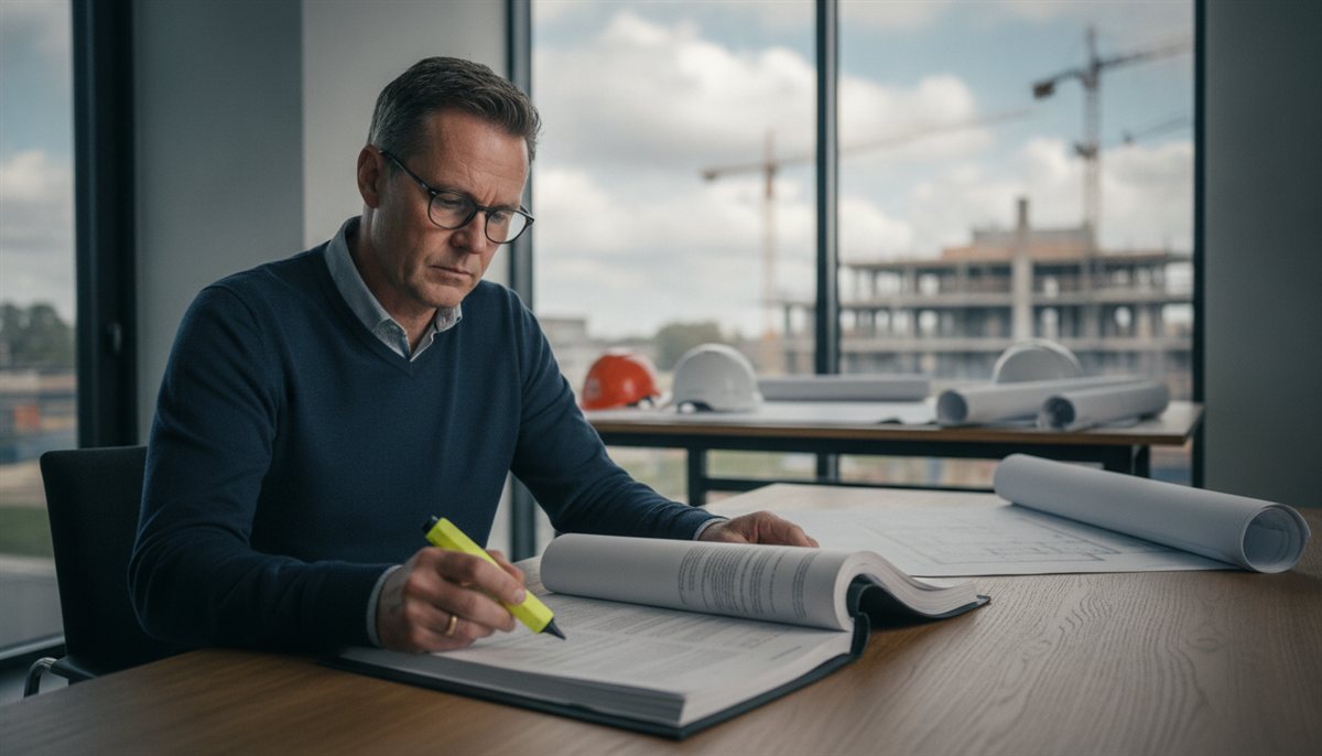 Aannemer bestudeert een bouwcontract met markeerstift