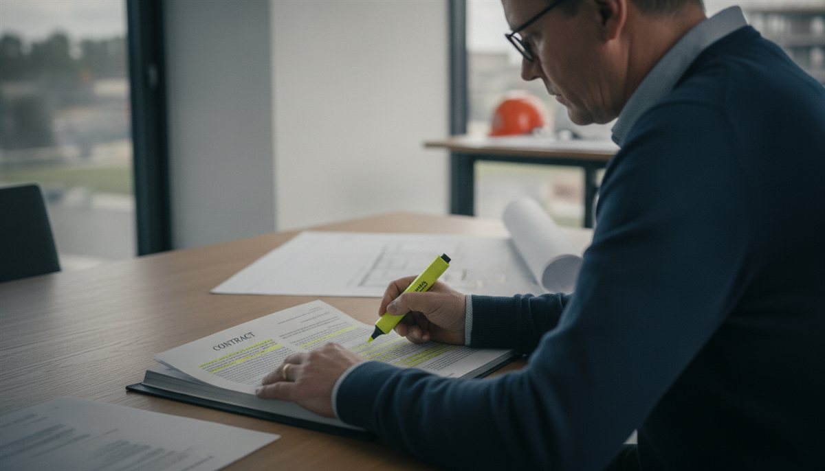 Contract met gemarkeerde clausules op een bureau