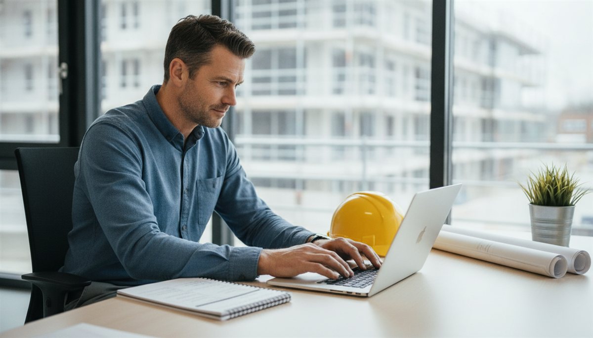 Aannemer stelt een offerte op achter een laptop in de bouwkeet