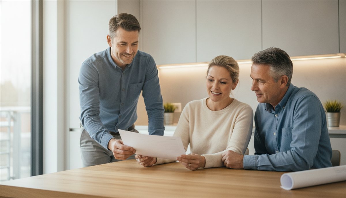 Aannemer bespreekt een uitgeprinte offerte met een tevreden opdrachtgever