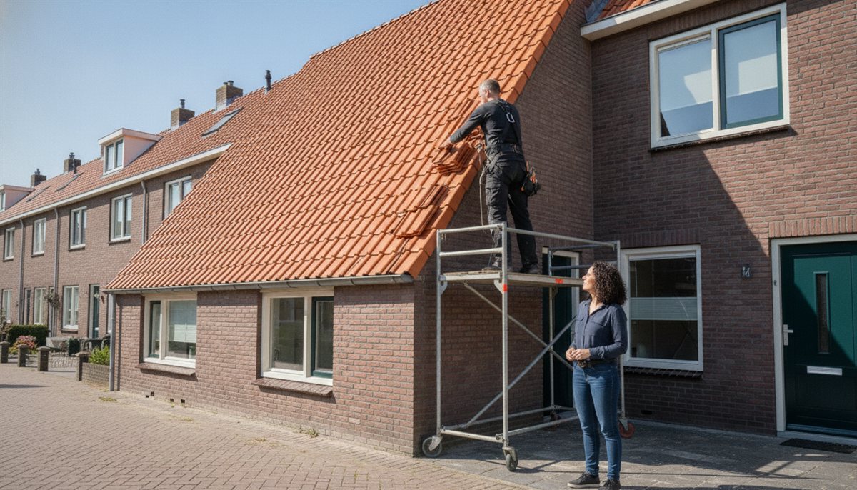 Dakdekker legt nieuwe dakpannen op de steiger terwijl de huiseigenaar vanaf de grond toekijkt