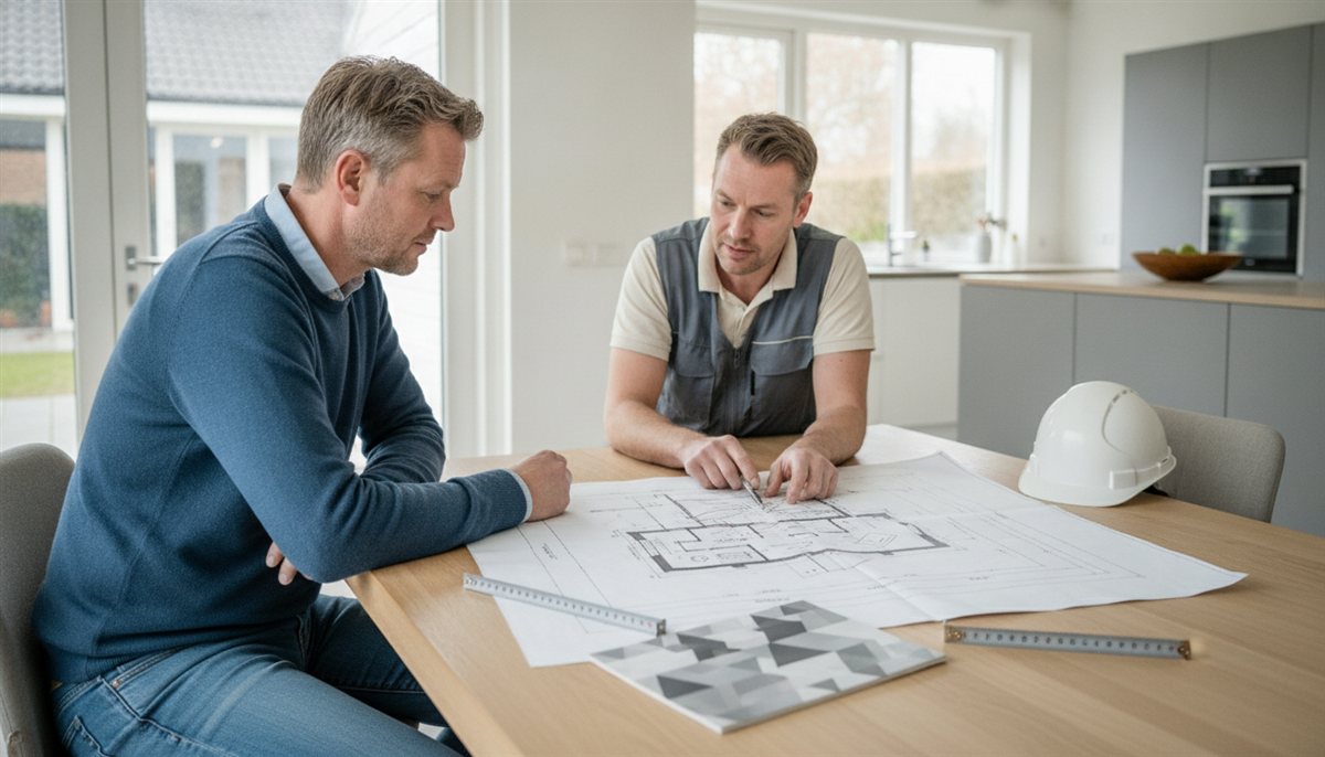 Huiseigenaar en bouwbegeleider nemen de dakopbouw-offerte en bouwtekening samen door aan de keukentafel