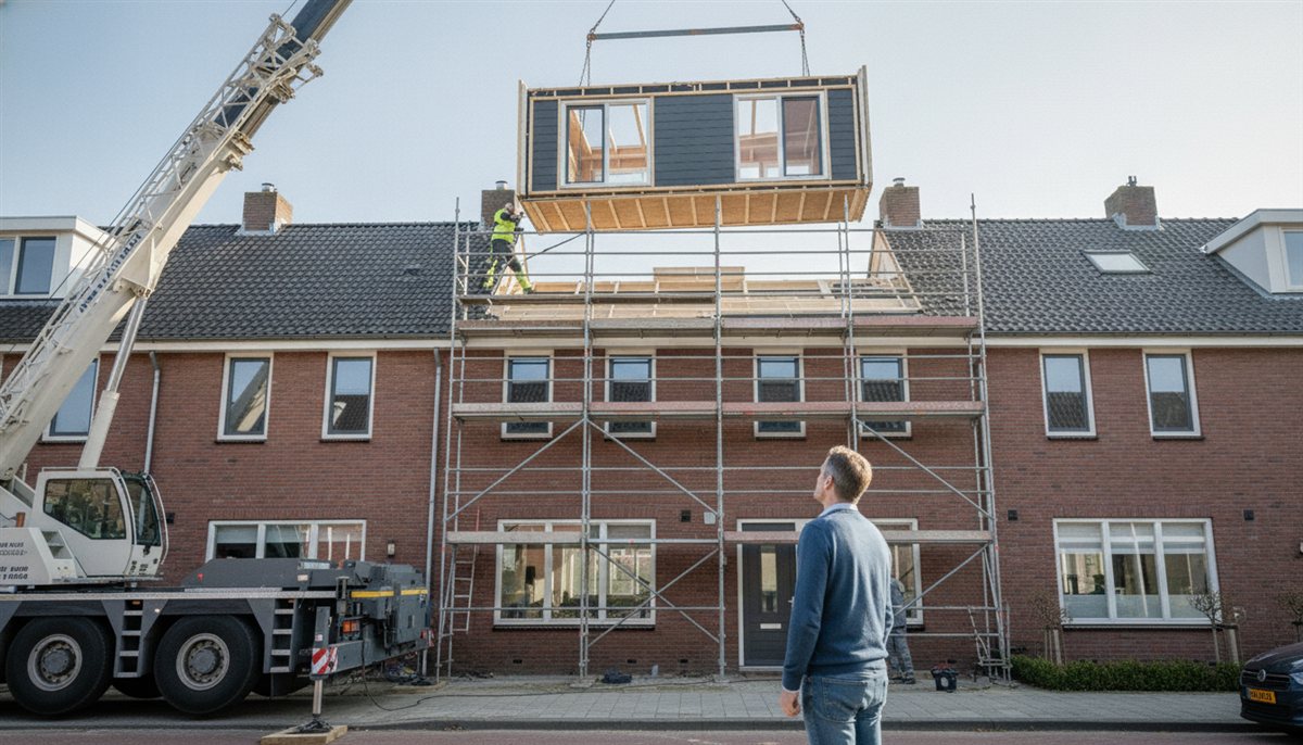 Dakopbouw in aanbouw met steiger en prefab-elementen die met een kraan worden geplaatst terwijl de huiseigenaar toekijkt