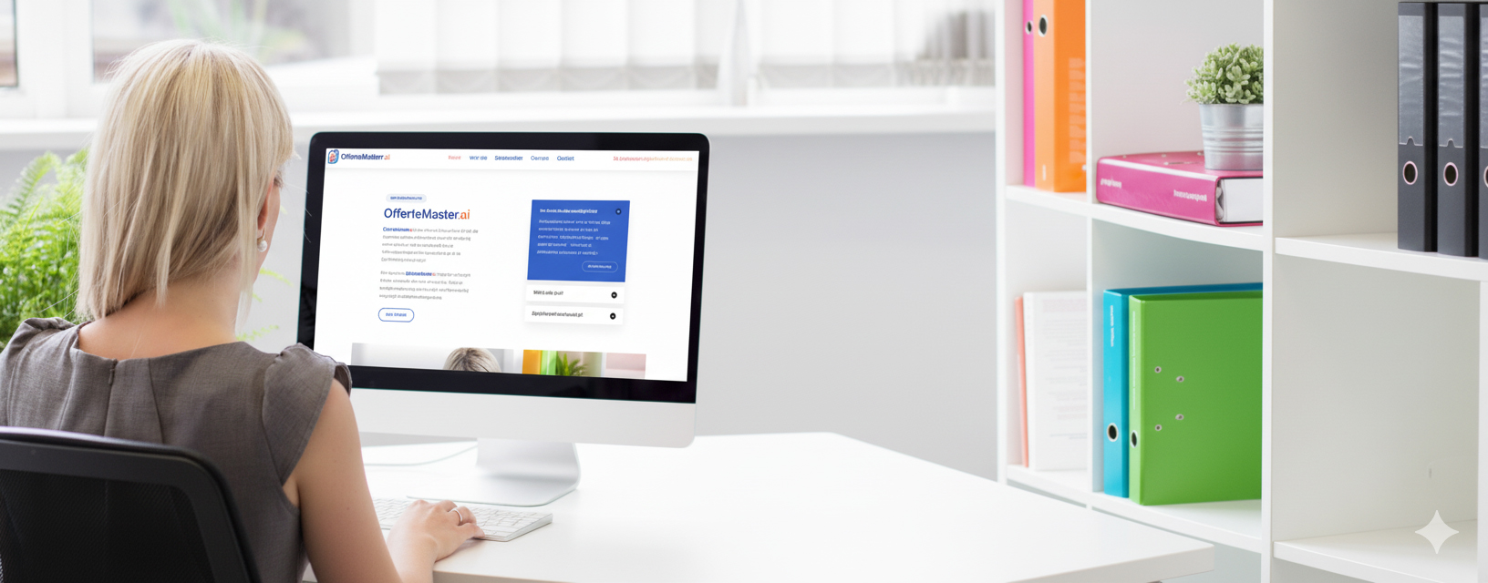 Vrouw vergelijkt offertes met AI-ondersteuning via OfferteMaster.ai.