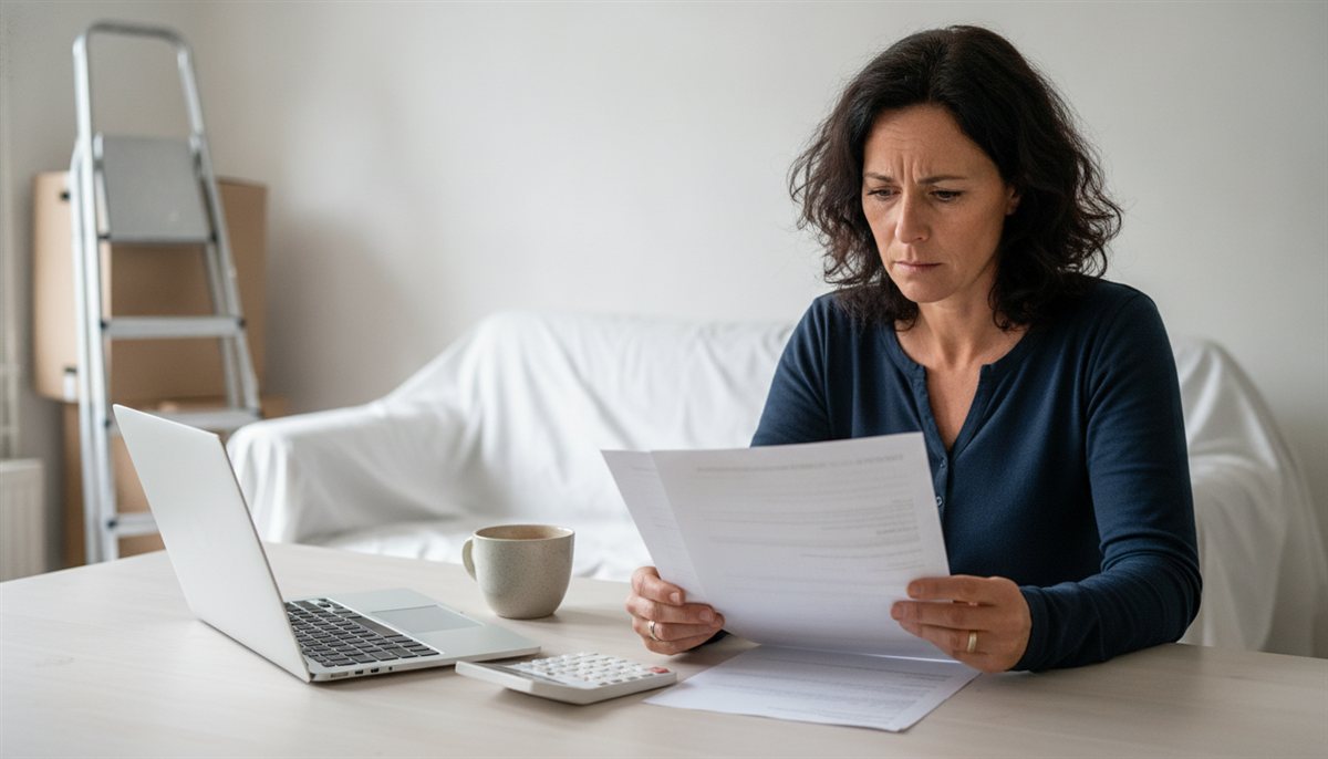 Huiseigenaar bekijkt bezorgd een offerte tijdens een verbouwing