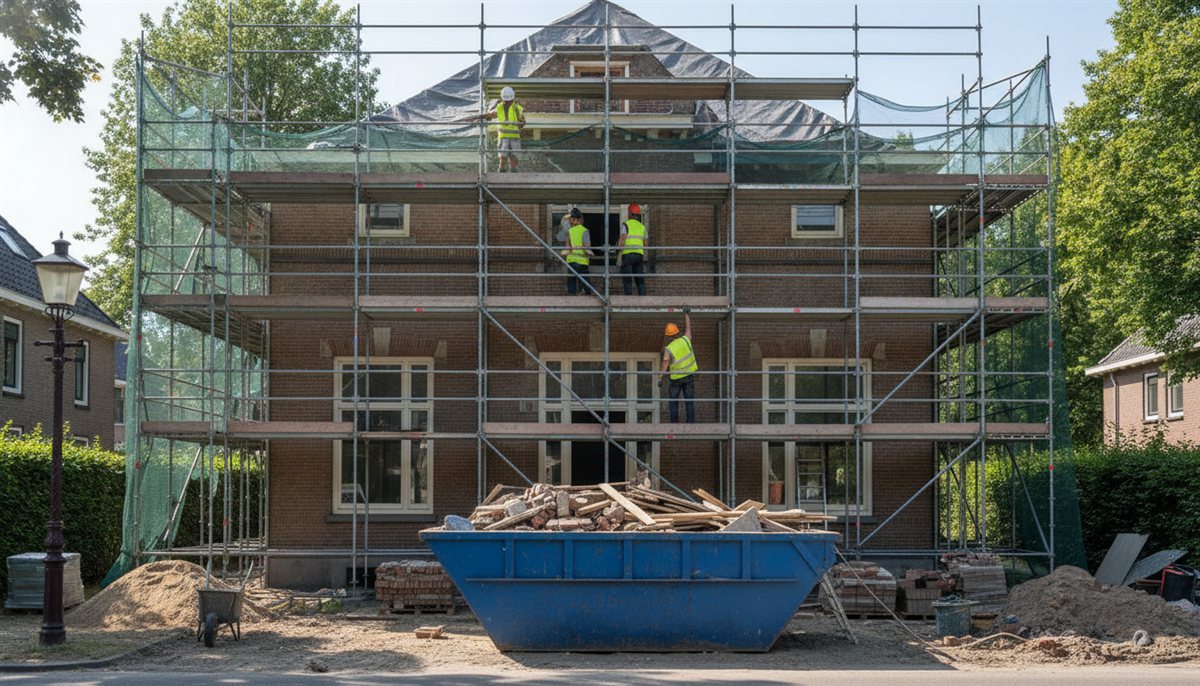 Grote verbouwing in uitvoering met steigers aan een woonhuis