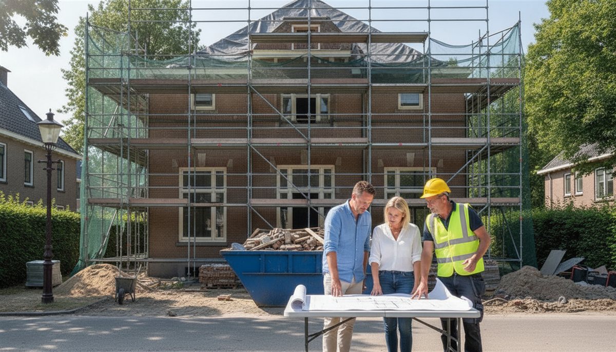 Huiseigenaar en bouwbegeleider bekijken bouwtekeningen en planning