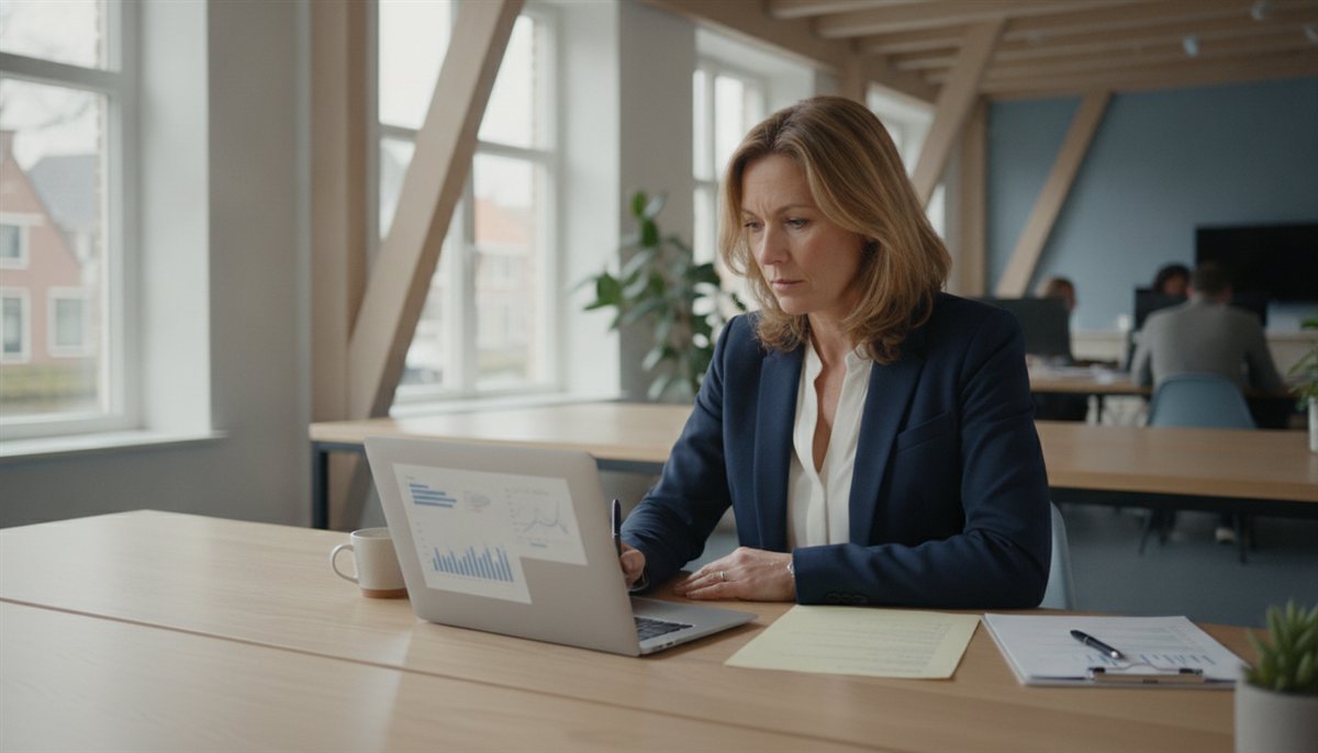 Ondernemer controleert bedrijfsgegevens van een leverancier op een laptop