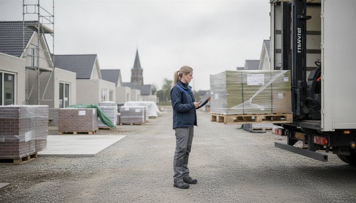 Bouwmaterialen worden geleverd op de bouwplaats