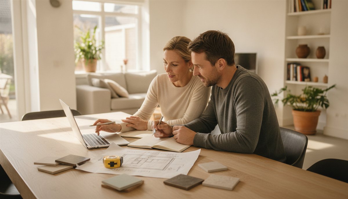 Huiseigenaren bereiden samen een offerteaanvraag voor aan de keukentafel