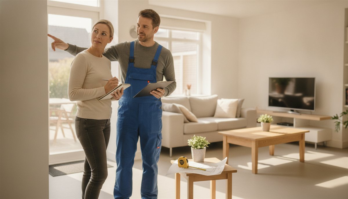 Huiseigenaar bespreekt de offerteaanvraag en specificatie met een vakman
