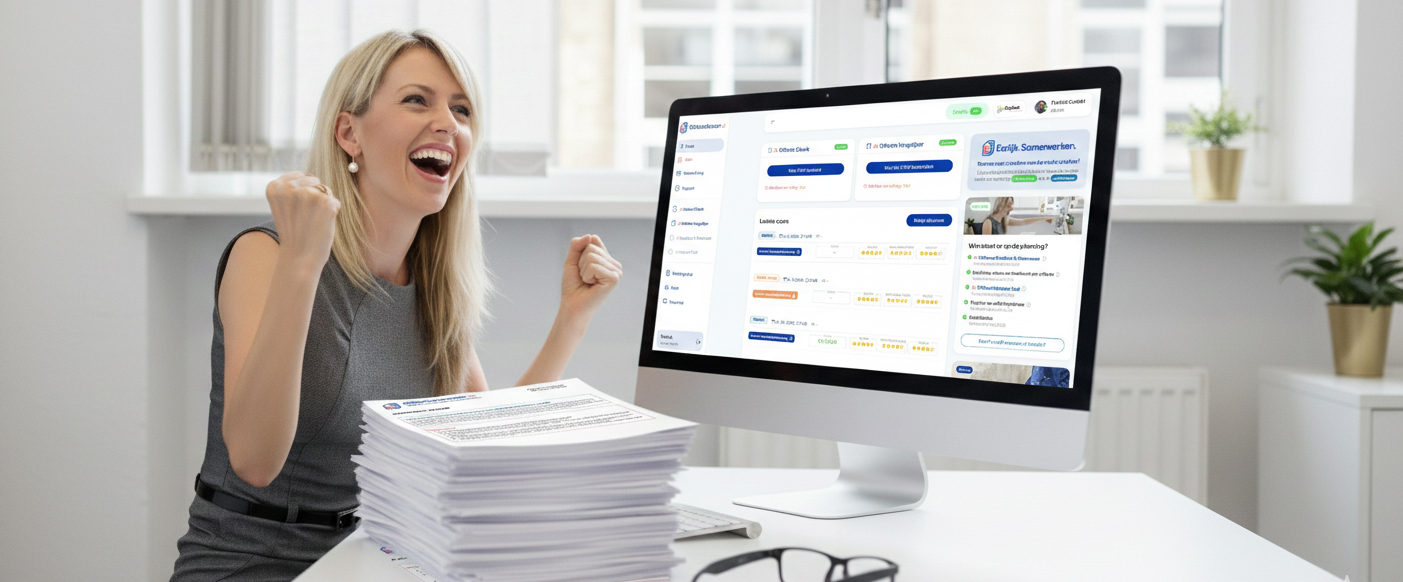 Vrouw voert een offerte check uit op prijs, kwaliteit, betrouwbaarheid en verborgen risico's.