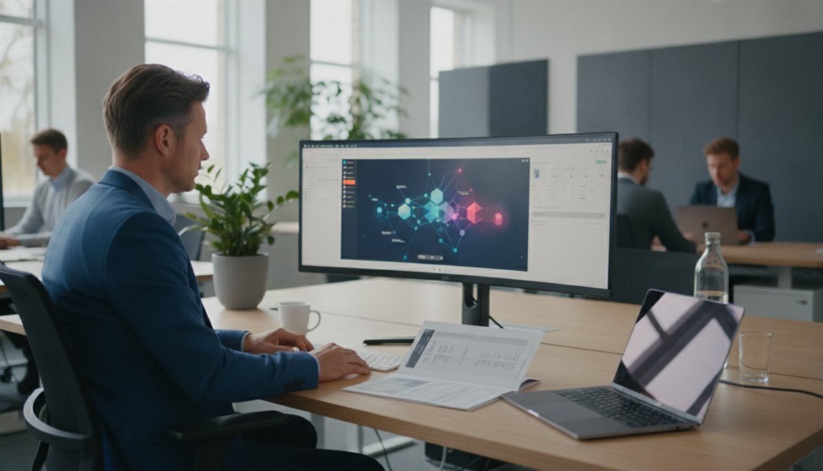 Ondernemer beoordeelt een software-offerte op een laptop