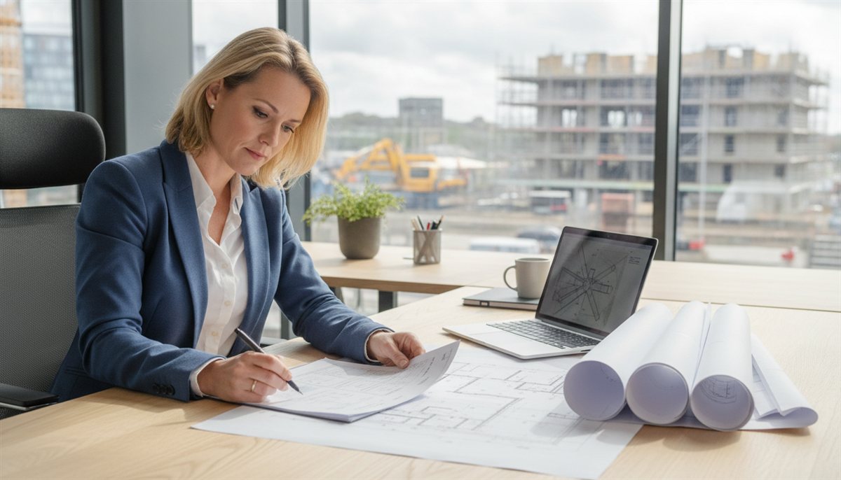 Bouwondernemer werkt een projectchecklist af op kantoor