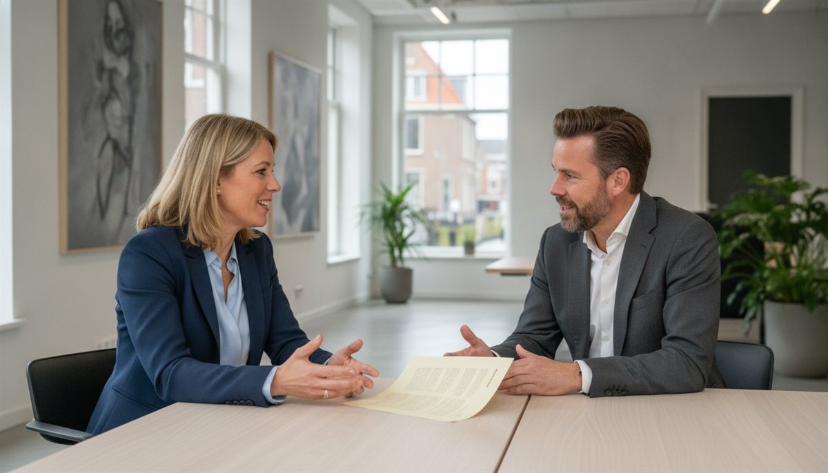 Twee ondernemers onderhandelen over een offerte aan een vergadertafel