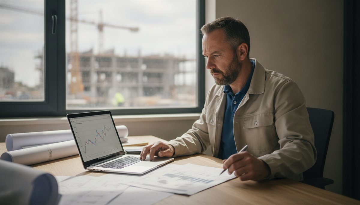 Aannemer bekijkt prijsontwikkelingen van bouwmaterialen op een laptop