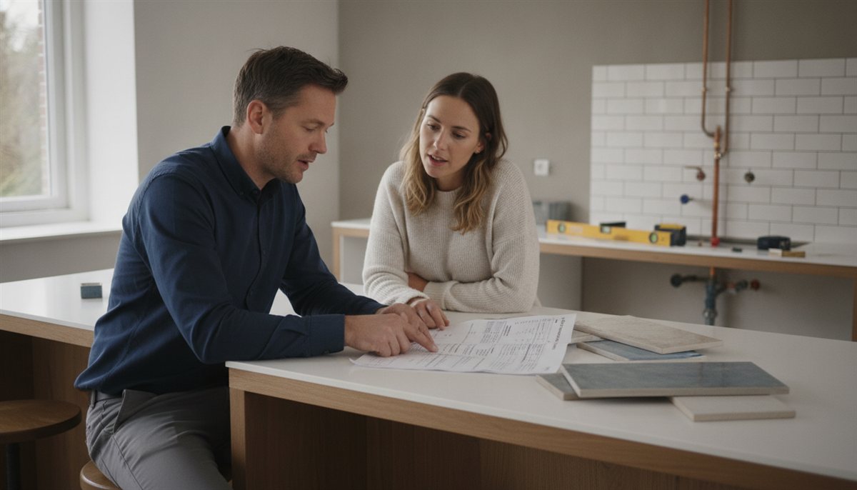 Aannemer legt een stelpost uit aan een opdrachtgever aan de keukentafel