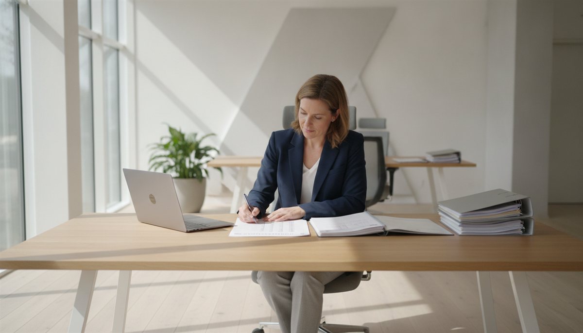 Ondernemer loopt een inkoopchecklist na op kantoor