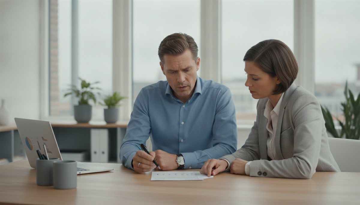 Twee mensen nemen een zakelijke offerte post voor post door