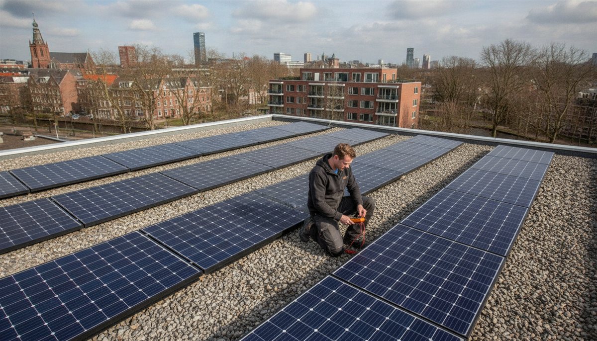 Zonnepanelen op het dak van een appartementencomplex