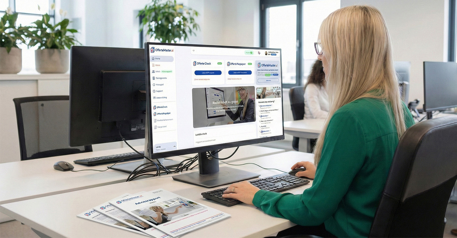 Vrouw beoordeelt een offerte op inhoud, prijs en risico's.