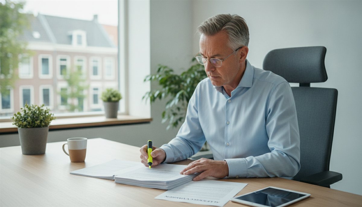 Ondernemer leest de algemene voorwaarden bij een zakelijke offerte
