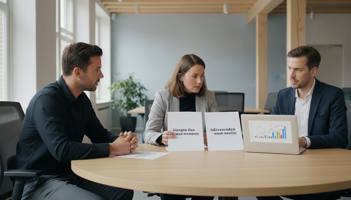 Team vergelijkt drie zakelijke offertes in een vergaderruimte